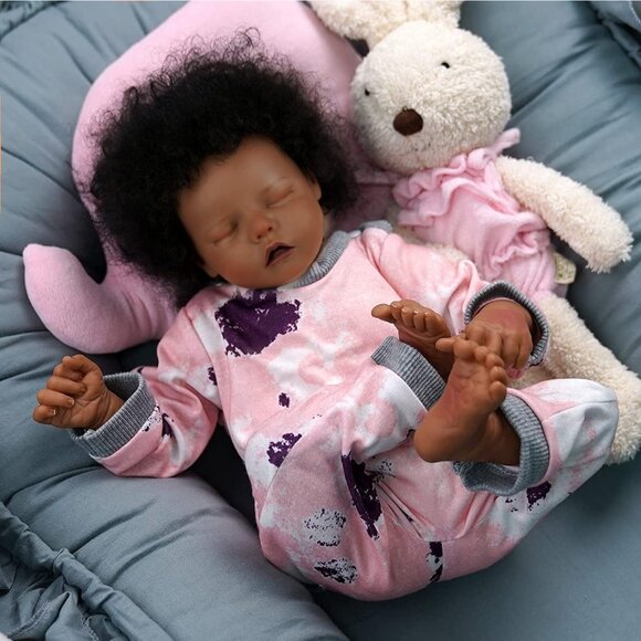 Reborn Baby Dolls Girl Black Toy for Girls in Dark Skin  💫 Reborn Baby Dolls Pink Soft Cloth Body Curls Realistic African American Kids
